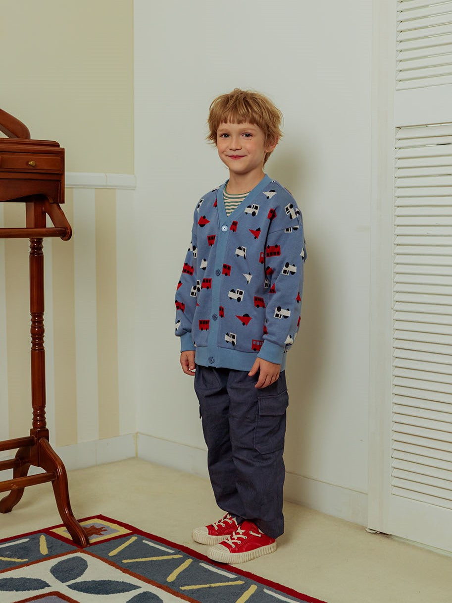 Light Blue Bus and Truck Pattern Knit Cardigan