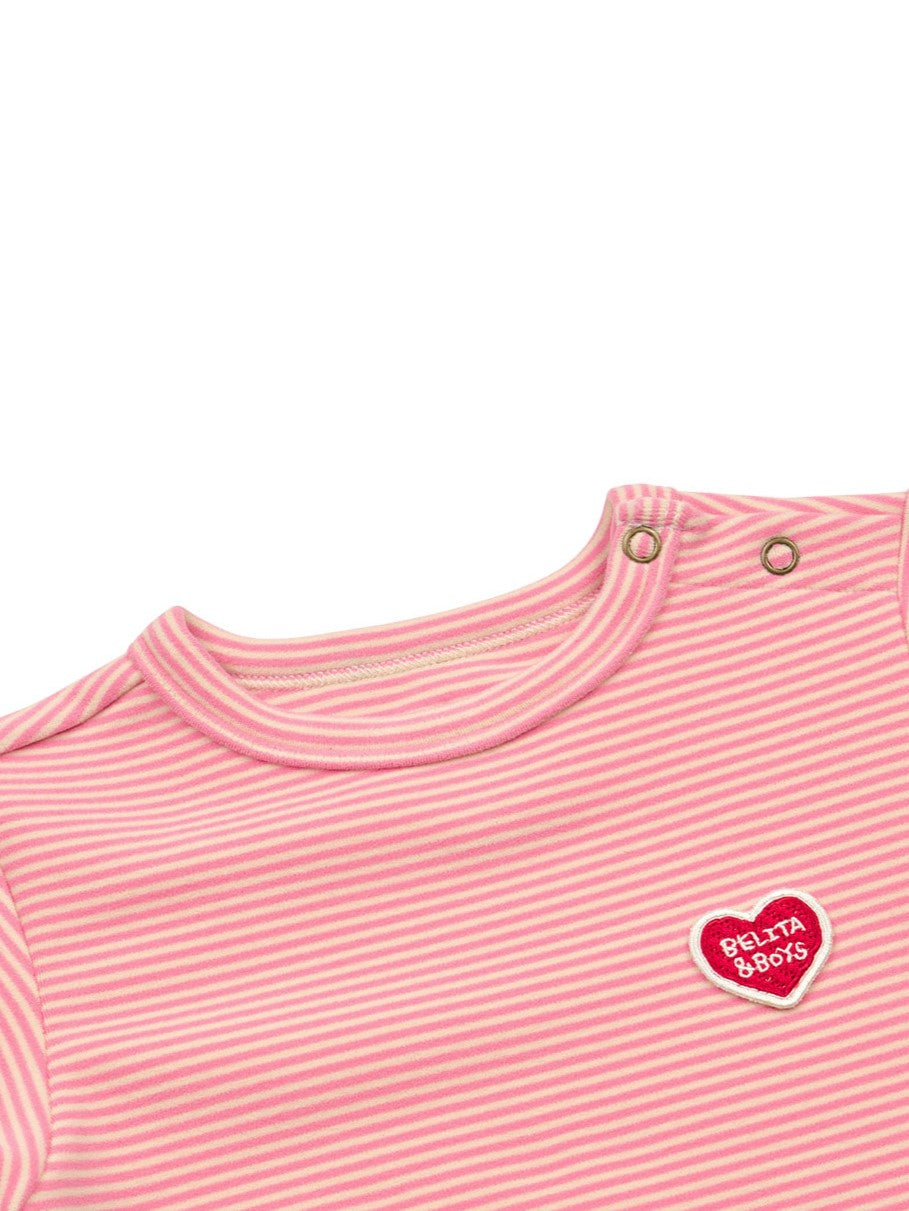 [BABY SET] Pink Stripe Brushed Jumpsuit & Bib & Bonnet