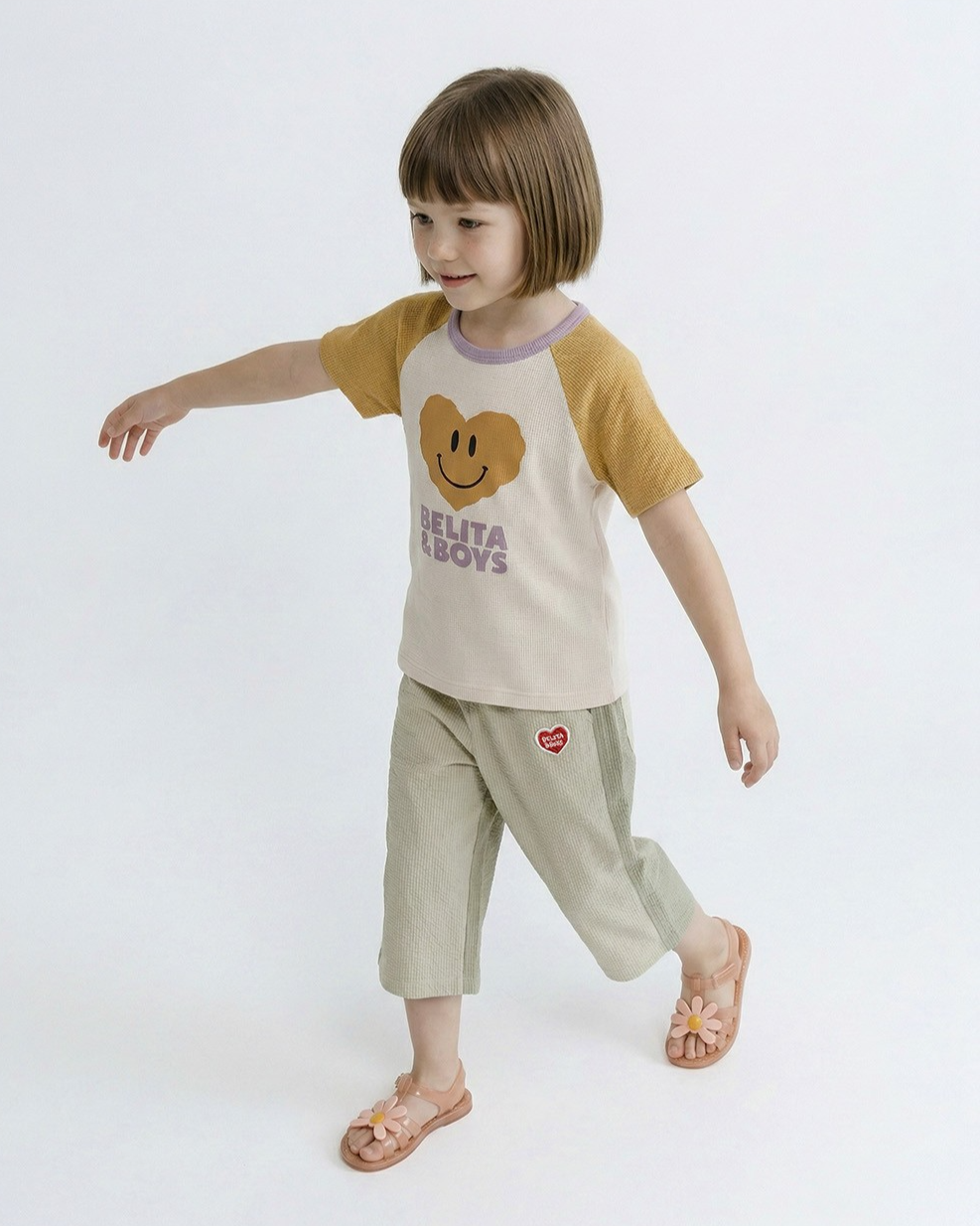 Light Beige BB Heart Color Block Polysucker Crop Pants