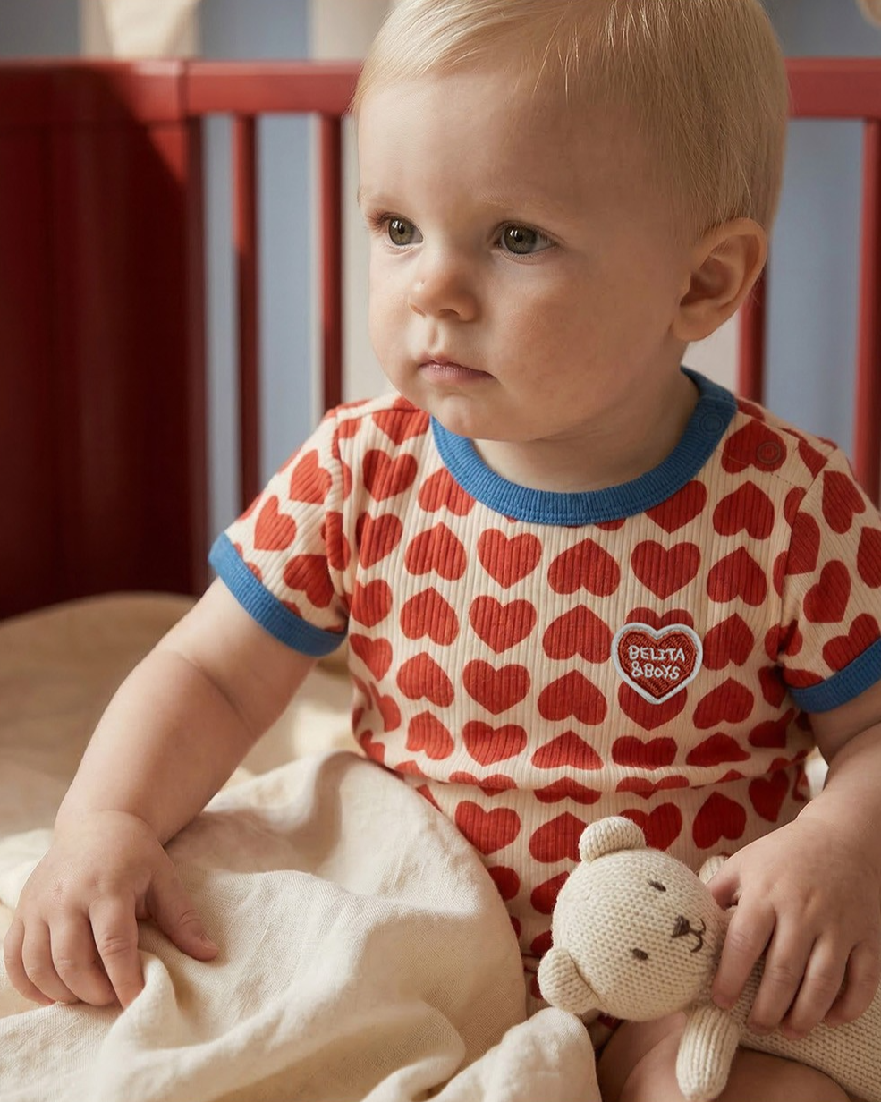 BABY Red BB Heart Pattern Short Bodysuit