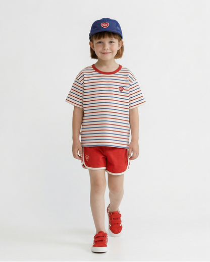 [SET] Red BB Heart Multi Stripe Shorts