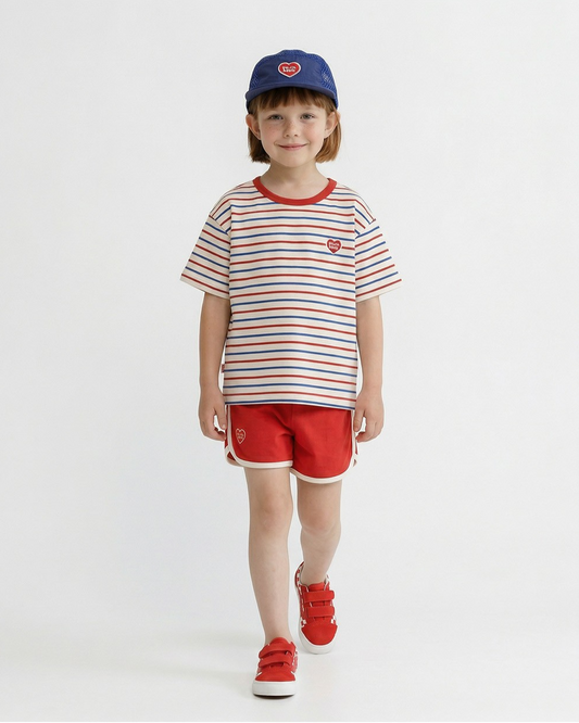 [SET] Red BB Heart Multi Stripe Shorts