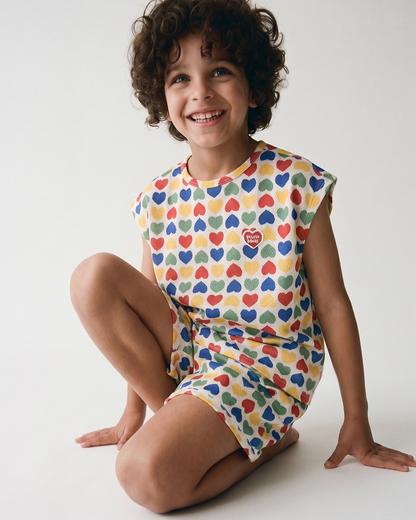 [SET] Cream Rainbow Heart Mesh Sleeveless Shorts