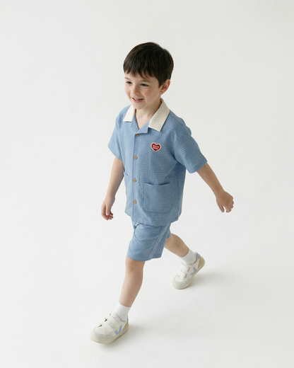 [SET] Light Blue Color Block Polysucker Shirt & Shorts