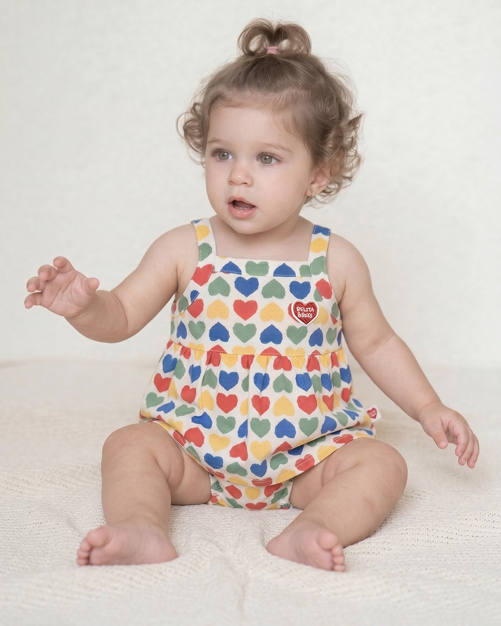 [BABY GIRL SET] Cream Rainbow Heart Mesh Sleeveless Shorts