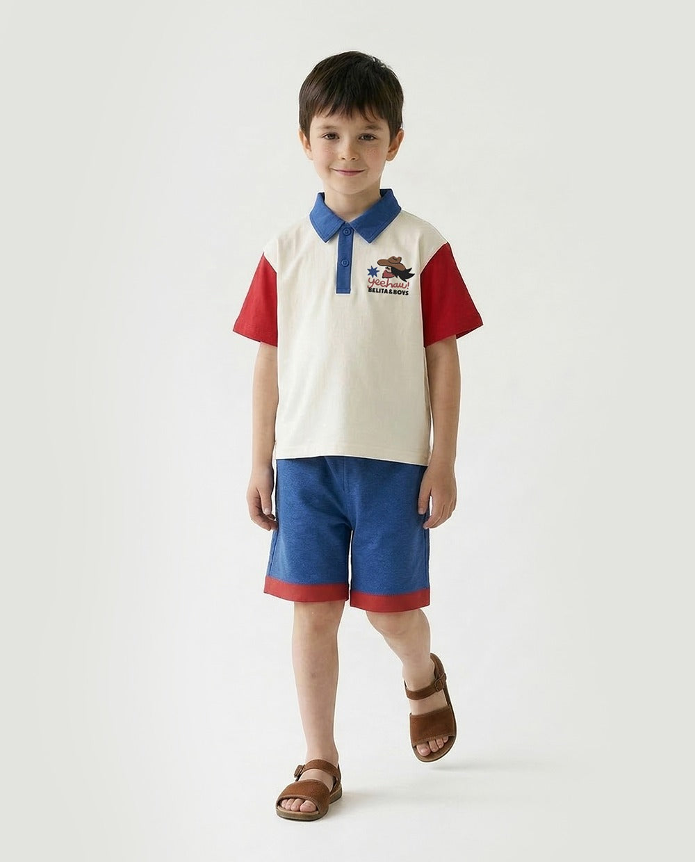 [SET] Cream Cowboy Color Block Collar Shirt & Shorts