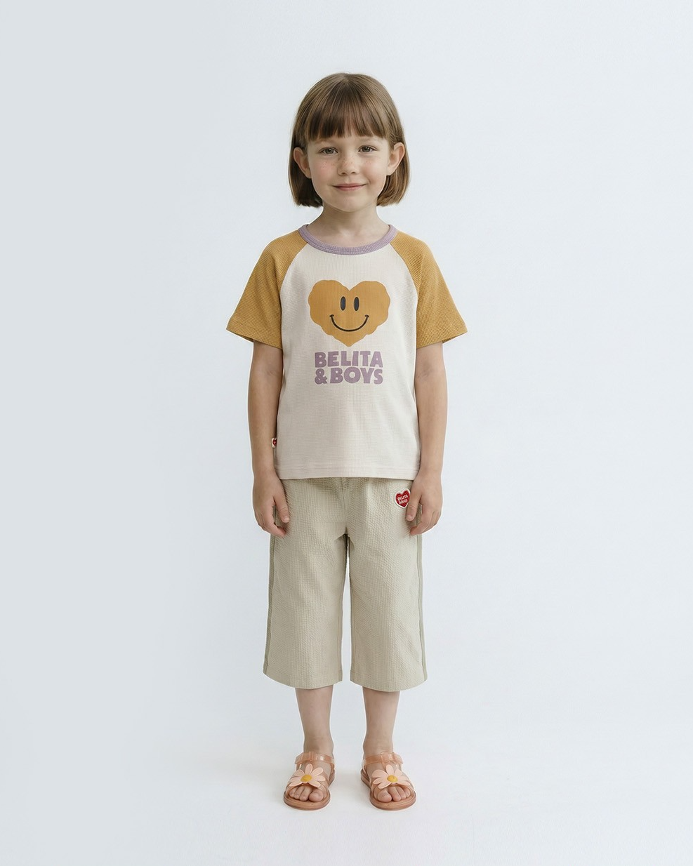 Light Beige BB Heart Color Block Polysucker Crop Pants