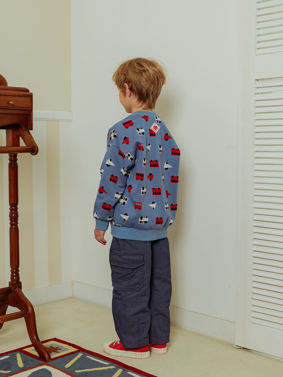 Light Blue Bus and Truck Pattern Knit Cardigan