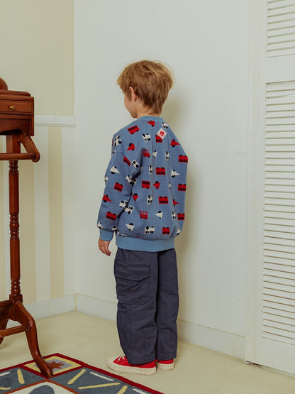 Light Blue Bus and Truck Pattern Knit Cardigan