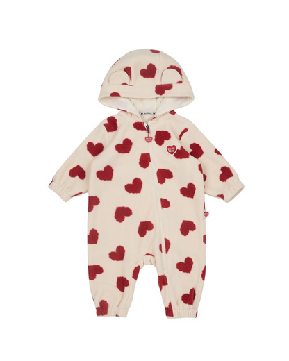 BABY Red BB Heart Pattern Fleece Hooded Jumpsuit