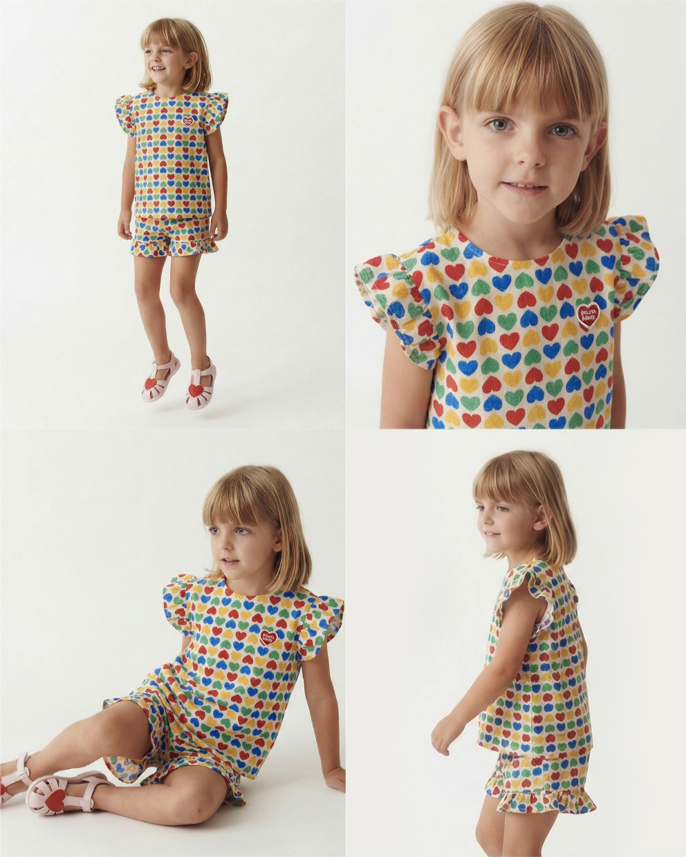 [GIRL SET] Cream Rainbow Heart Polysucker Blouse & Shorts