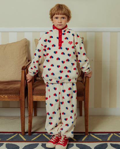 [SET] Ivory Red Blue Heart Pattern Fleece High Neck Jogger