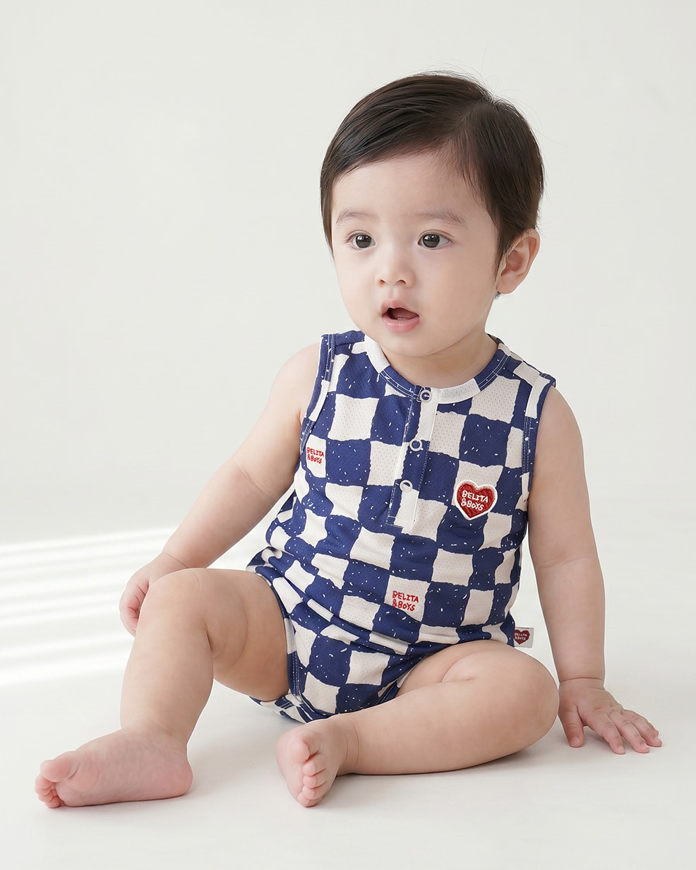 BABY Blue Checkerboard Mesh Sleeveless Bodysuit