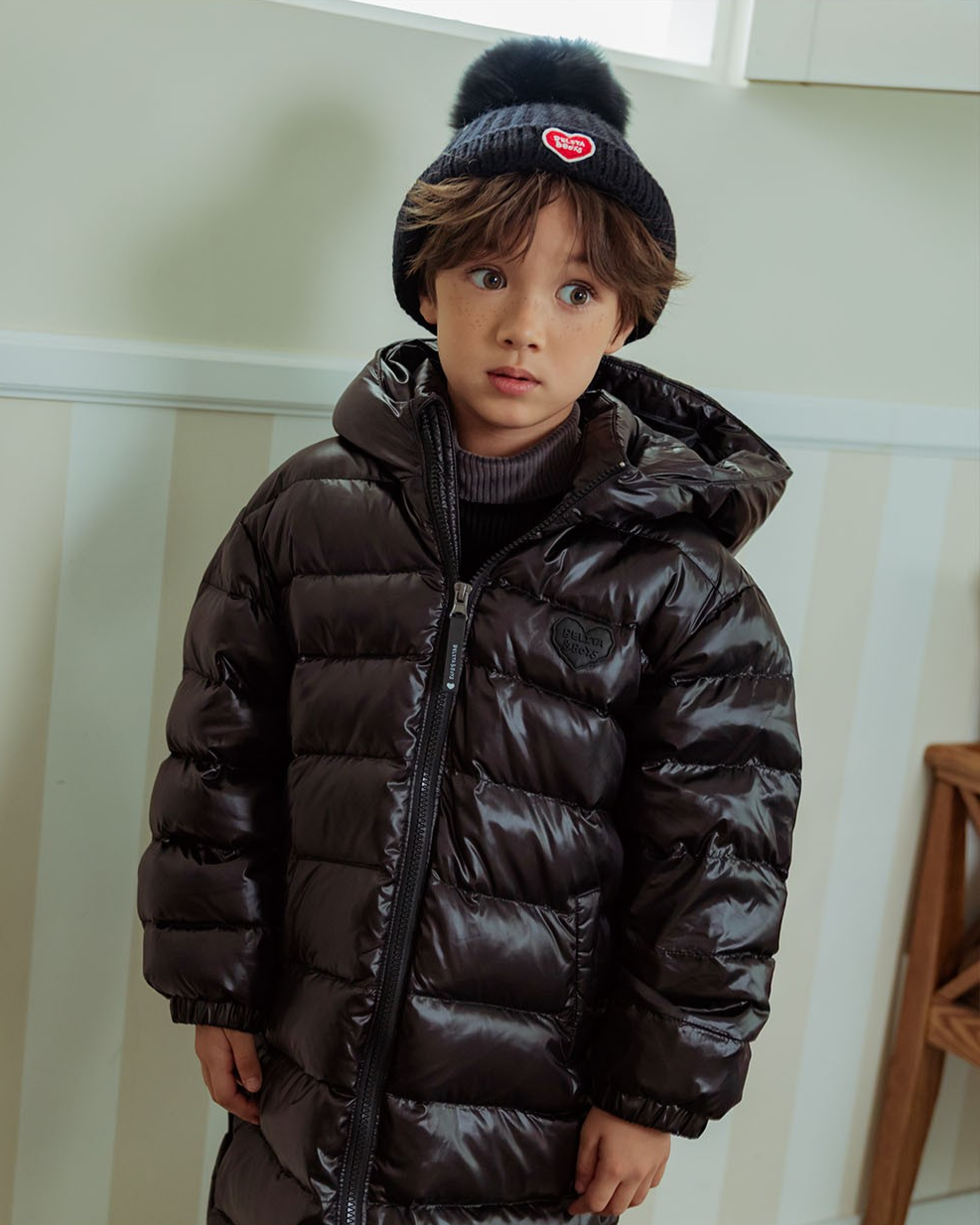 Black BB Heart Pompom Beanie