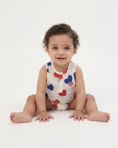 BABY Ivory Red Blue Heart Pattern Mesh Sleeveless Bodysuit