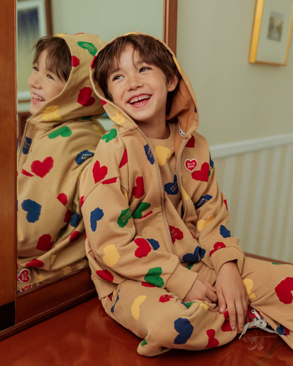 Camel BB Color Heart Pattern Zip Up Hood