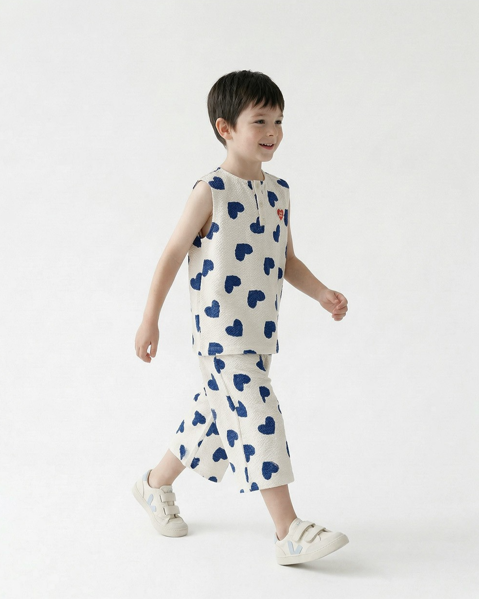 [SET] Blue Heart Pattern Polysucker Sleeveless Crop