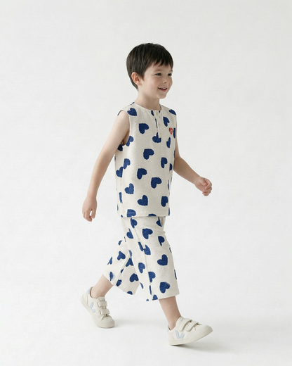 [SET] Blue Heart Pattern Polysucker Sleeveless Crop