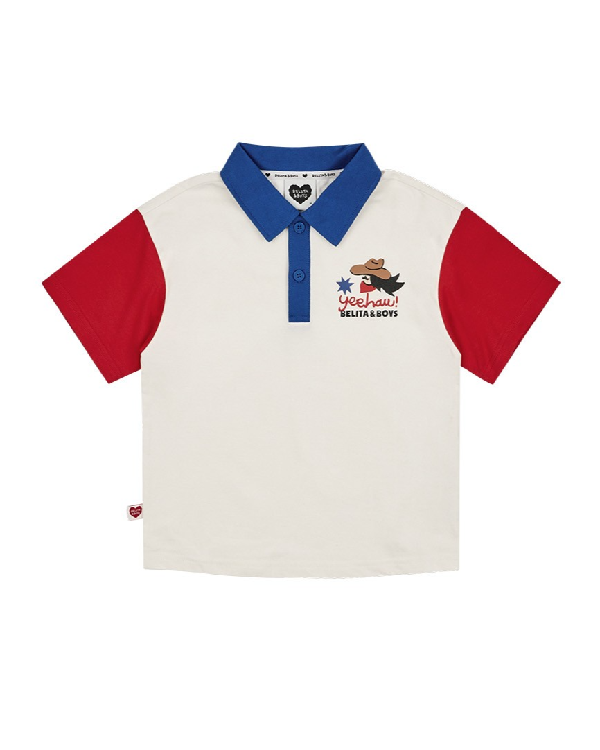 [SET] Cream Cowboy Color Block Collar Shirt & Shorts