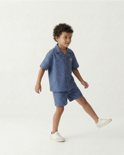 [SET] Blue BB Heart All-Over Denim Shirt & Shorts