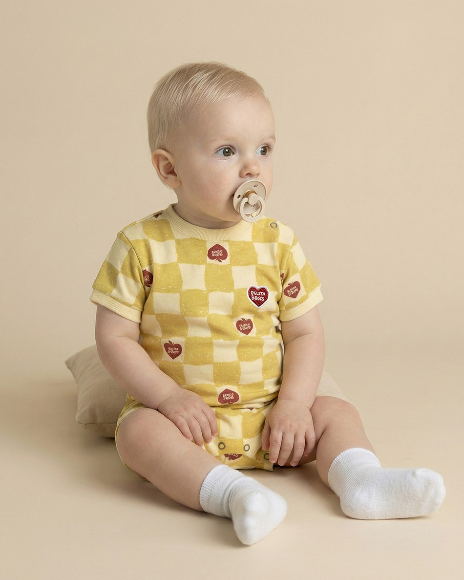 BABY Yellow Bubble Apple Checkerboard Short Jumpsuit