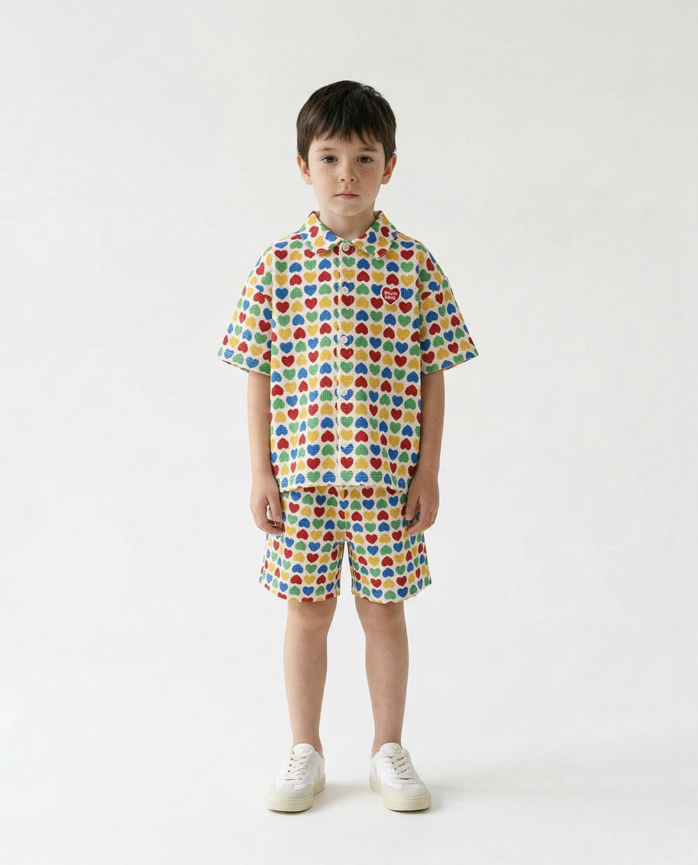 [SET] Cream Rainbow Heart Polysucker Shirt & Shorts