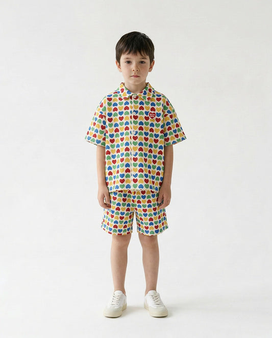 [SET] Cream Rainbow Heart Polysucker Shirt & Shorts