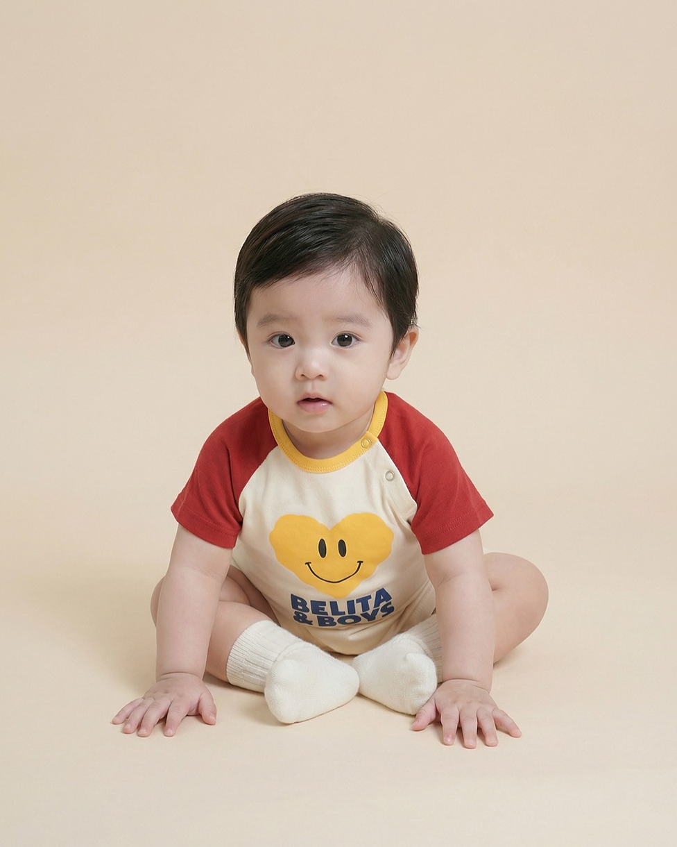 BABY Red Smile Heart Color Block Short Jumpsuit