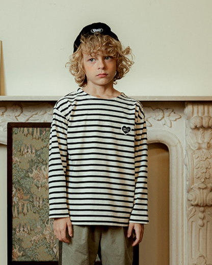 Black Stripe BB Heart Boat Neck Long Sleeve