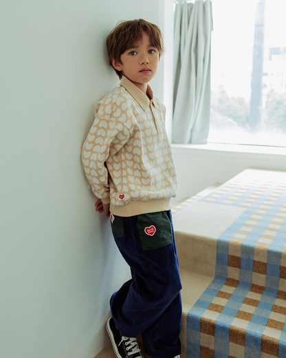 Beige Grid BB Heart Pattern Collar Knit Sweater