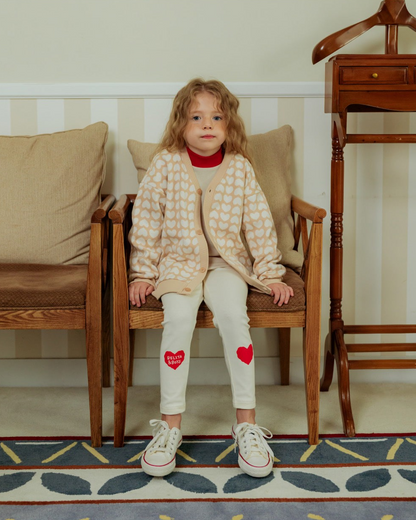 Beige Grid BB Heart Pattern Knit Cardigan