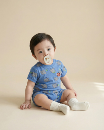 BABY Blue Elephant Pattern Short Jumpsuit