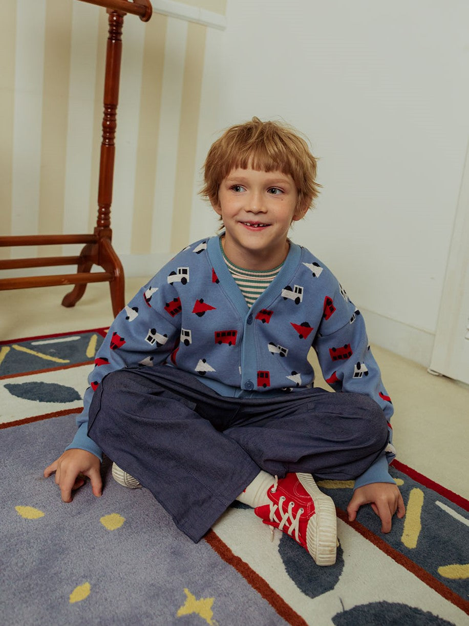 Light Blue Bus and Truck Pattern Knit Cardigan