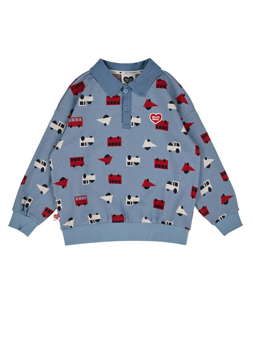Light Blue Bus and Truck Pattern Collar Knit Sweater