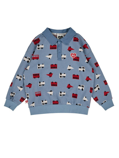 Light Blue Bus and Truck Pattern Collar Knit Sweater