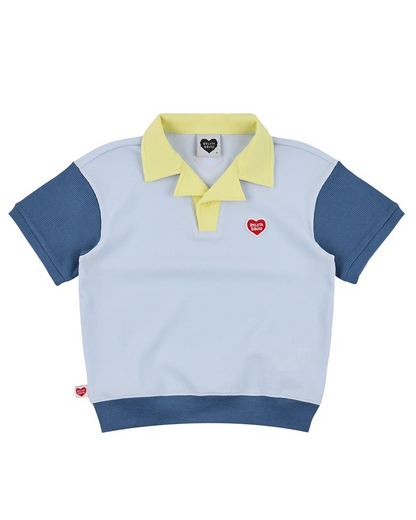 Light Blue BB Heart Color Block Waffle Collar Shirt
