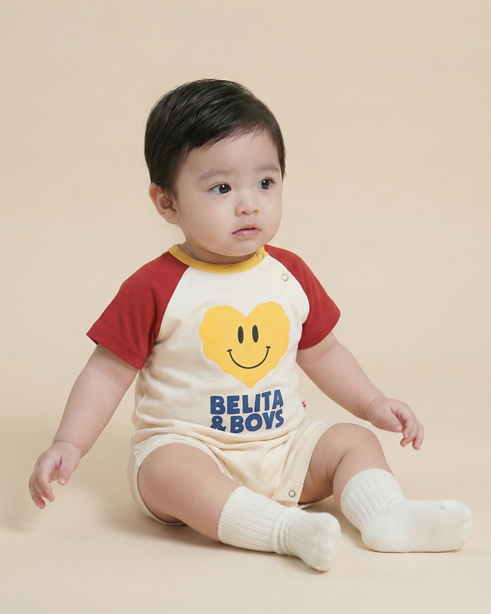 BABY Red Smile Heart Color Block Short Jumpsuit