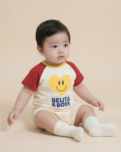 BABY Red Smile Heart Color Block Short Jumpsuit