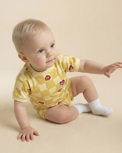 BABY Yellow Bubble Apple Checkerboard Short Jumpsuit