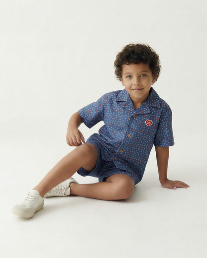 [SET] Blue BB Heart All-Over Denim Shirt & Shorts