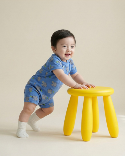 BABY Blue Elephant Pattern Short Jumpsuit