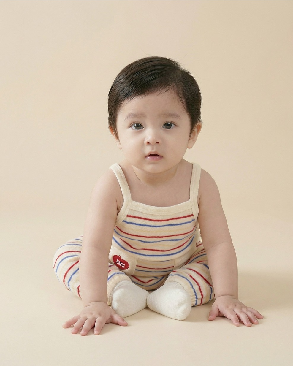 BABY Cream Bubble Apple Rainbow Stripe Terry Overall