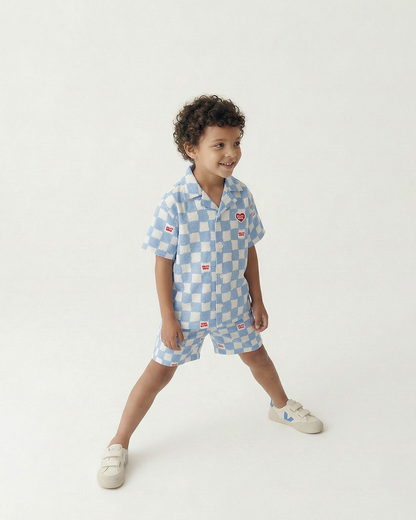 [SET] Light Blue Checkerboard Polysucker Shirt & Shorts