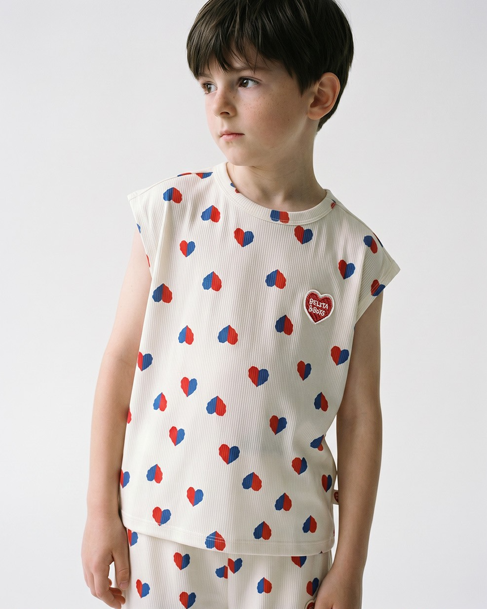 Ivory Red Blue Heart Pattern Short Sleeve