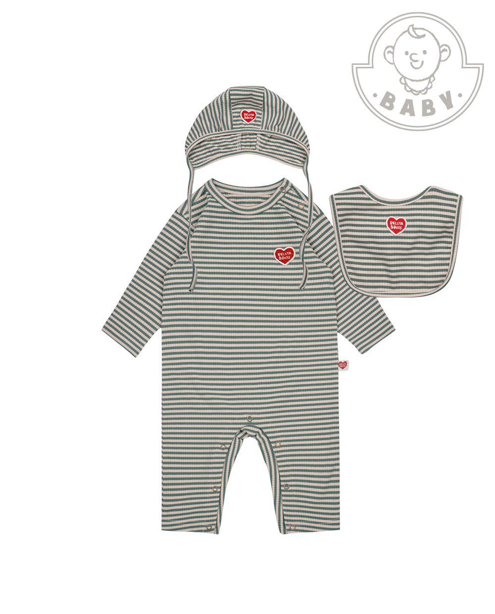 [BABY SET] Green Stripe Rib Jumpsuit & Bib & Bonnet