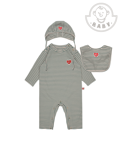 [BABY SET] Green Stripe Rib Jumpsuit & Bib & Bonnet