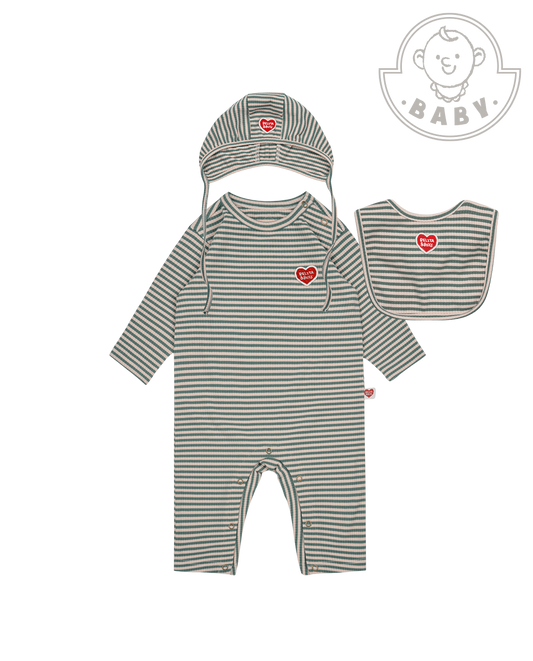 [BABY SET] Green Stripe Rib Jumpsuit & Bib & Bonnet