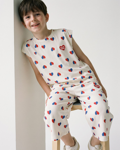 Ivory Red Blue Heart Pattern Crop Pants