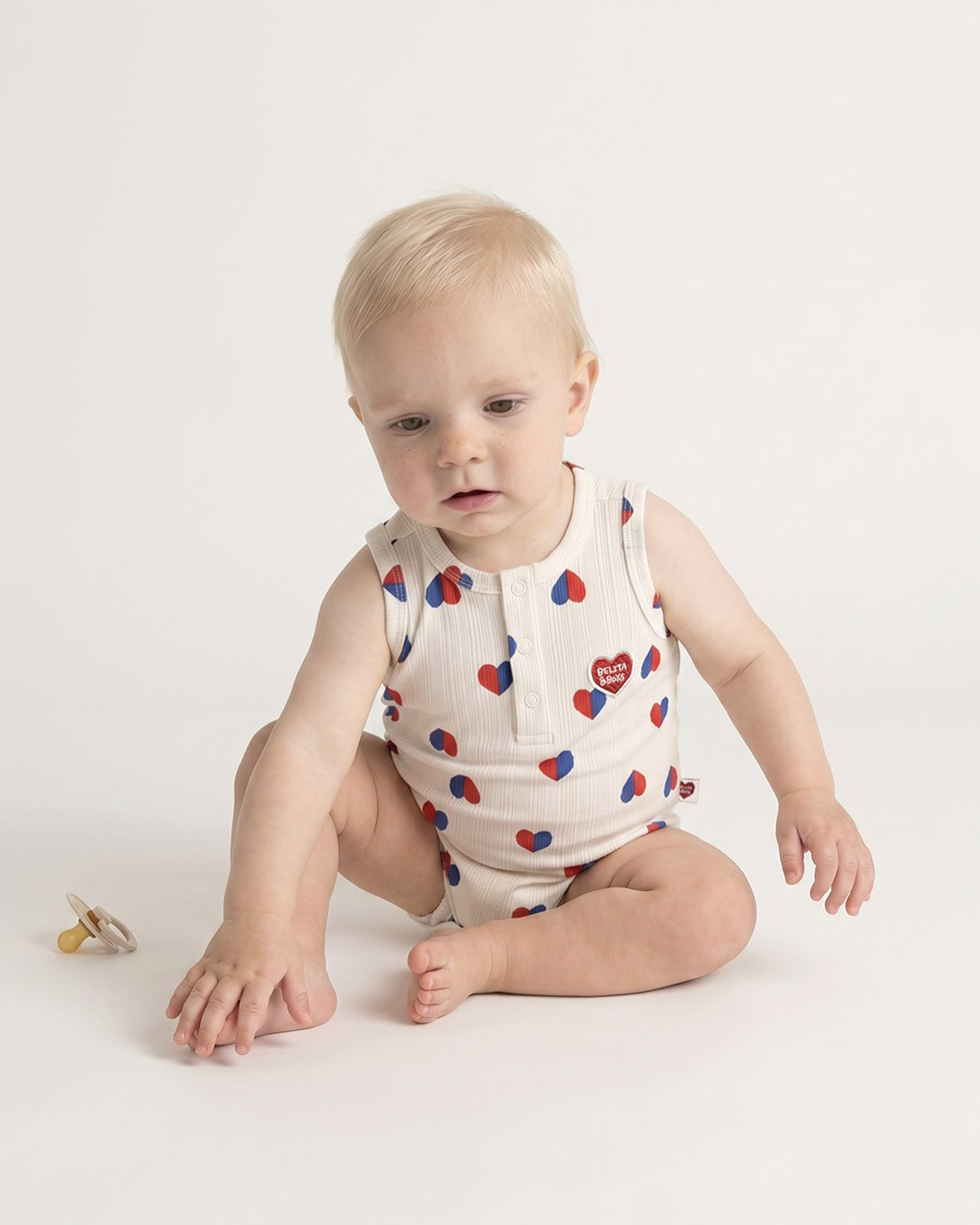 BABY Ivory Red Blue Heart Pattern Sleeveless Bodysuit