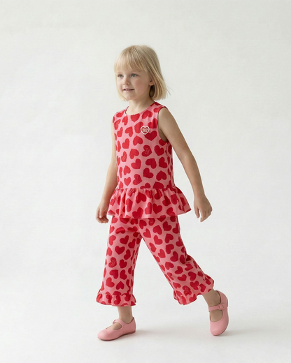 [GIRL SET] Pink BB Heart Pattern Polysucker Blouse & Shorts